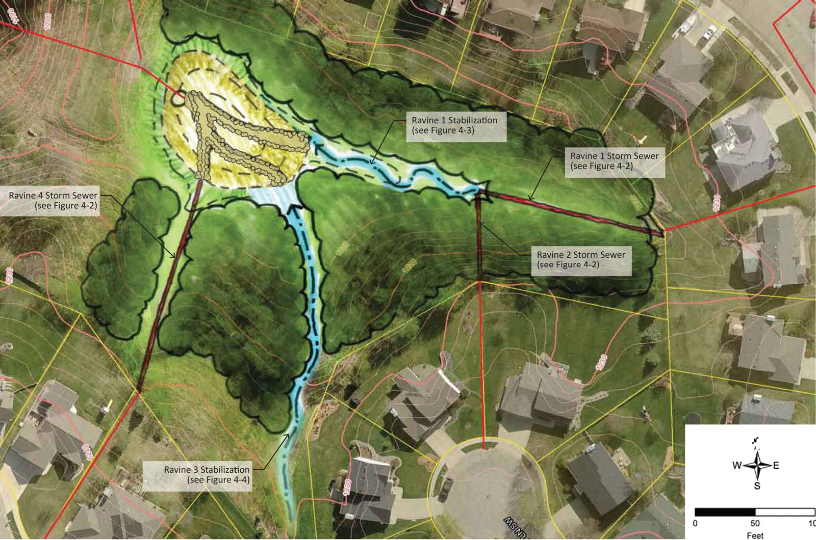Aerial view of Rochester’s Bamber Ridge ravine showcasing restored slopes, improved stormwater channels, and surrounding residential areas.