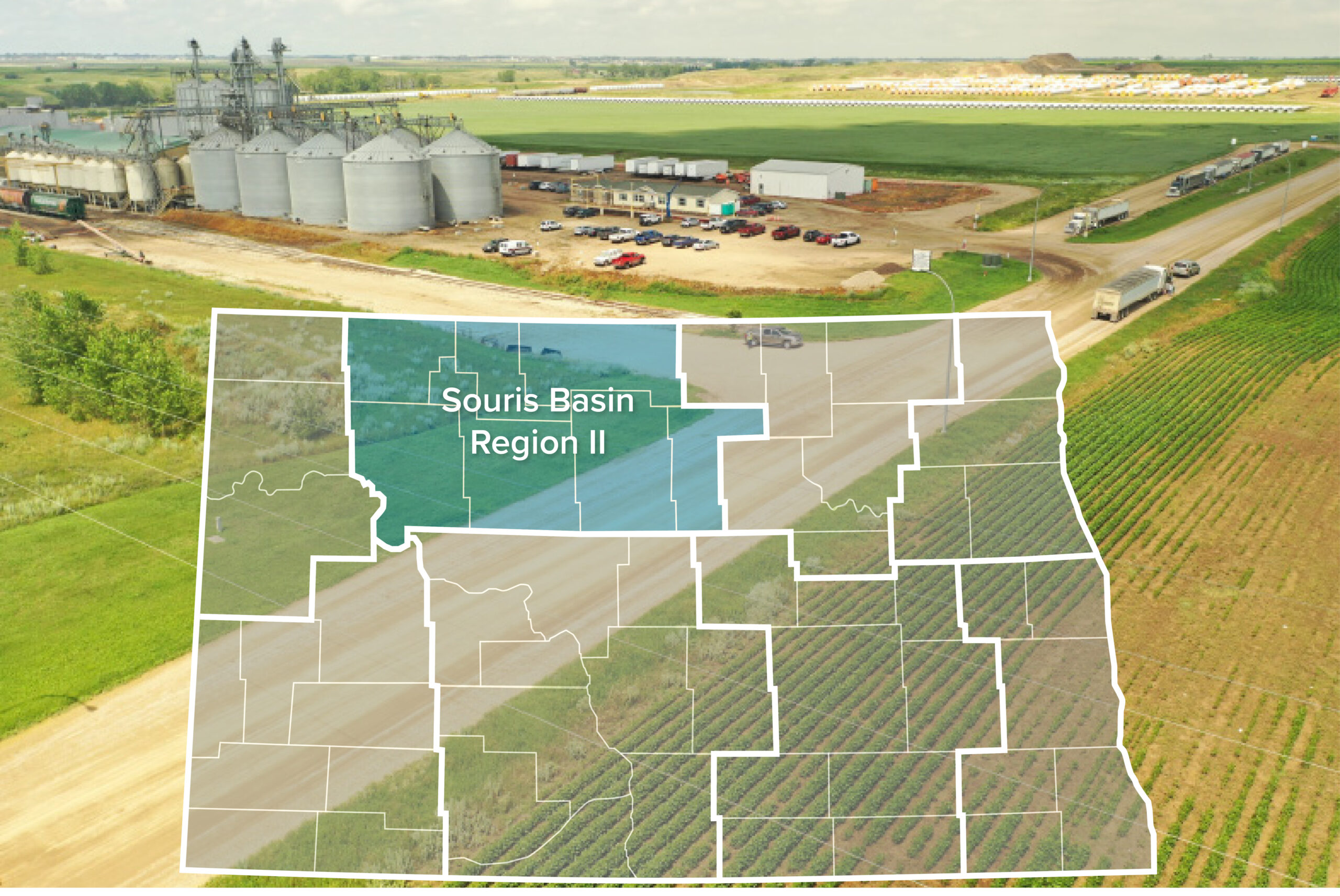 Map illustrating the Souris Basin region in North Dakota, used to support long-term resiliency and economic development strategies.