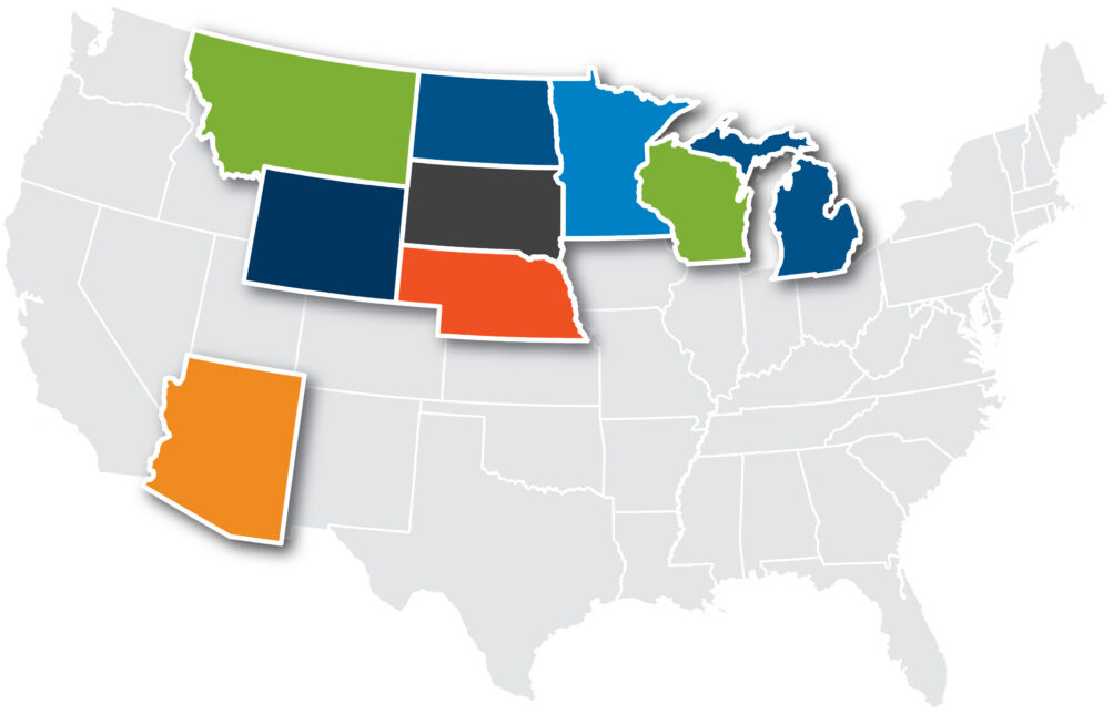 Map of the United States with the states highlighted where Tribal clients are located.